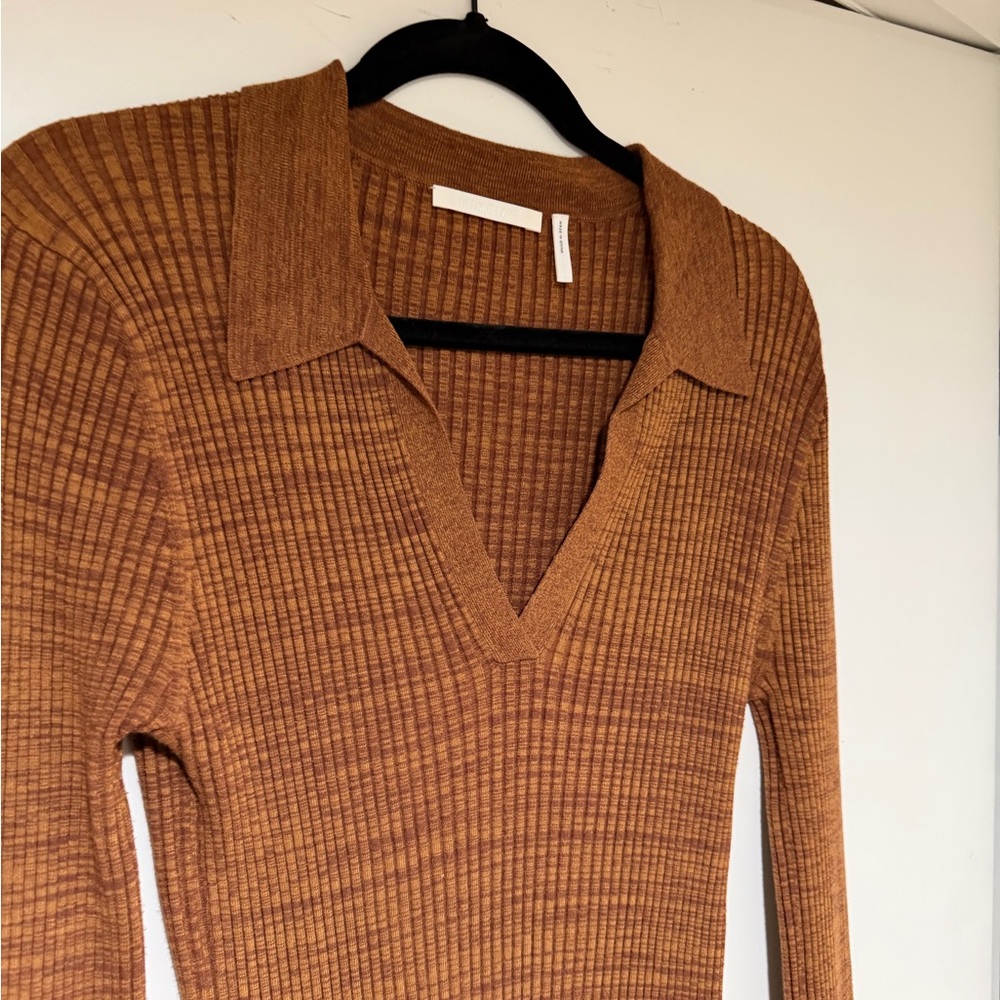 Helmut Lang Rib Long Sleeve Mini Sweater Dress in Pecan - Size L